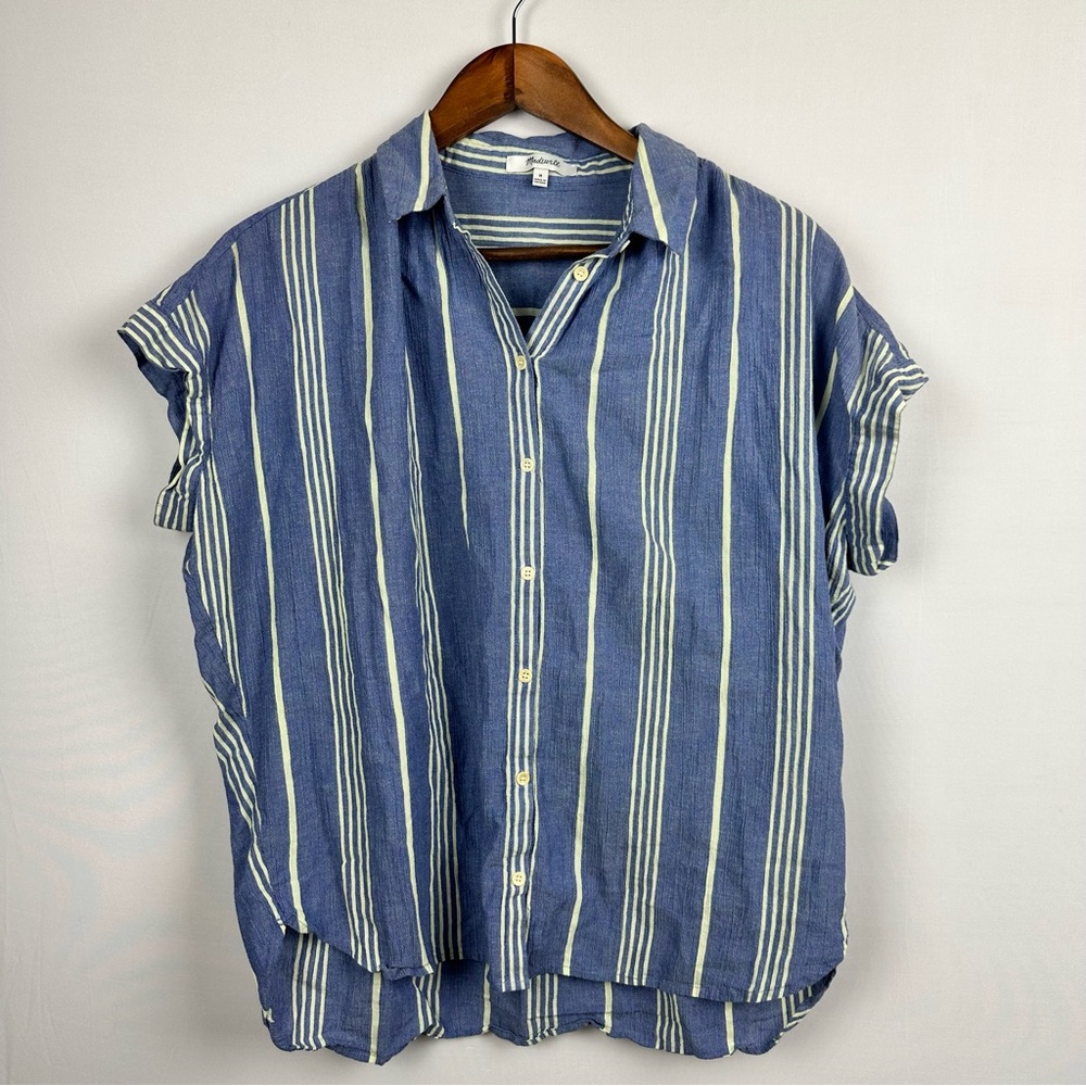 MADEWELL Central Shirt Stripe Crinkle Cotton Button Down Shirt Blue Stone - Picture 3 of 12